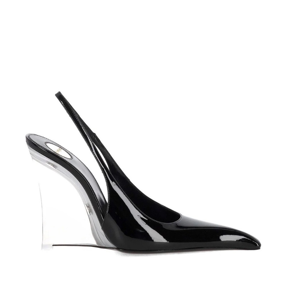 Saint Laurent Miller Clear Wedge Patent Black Slingback Heels